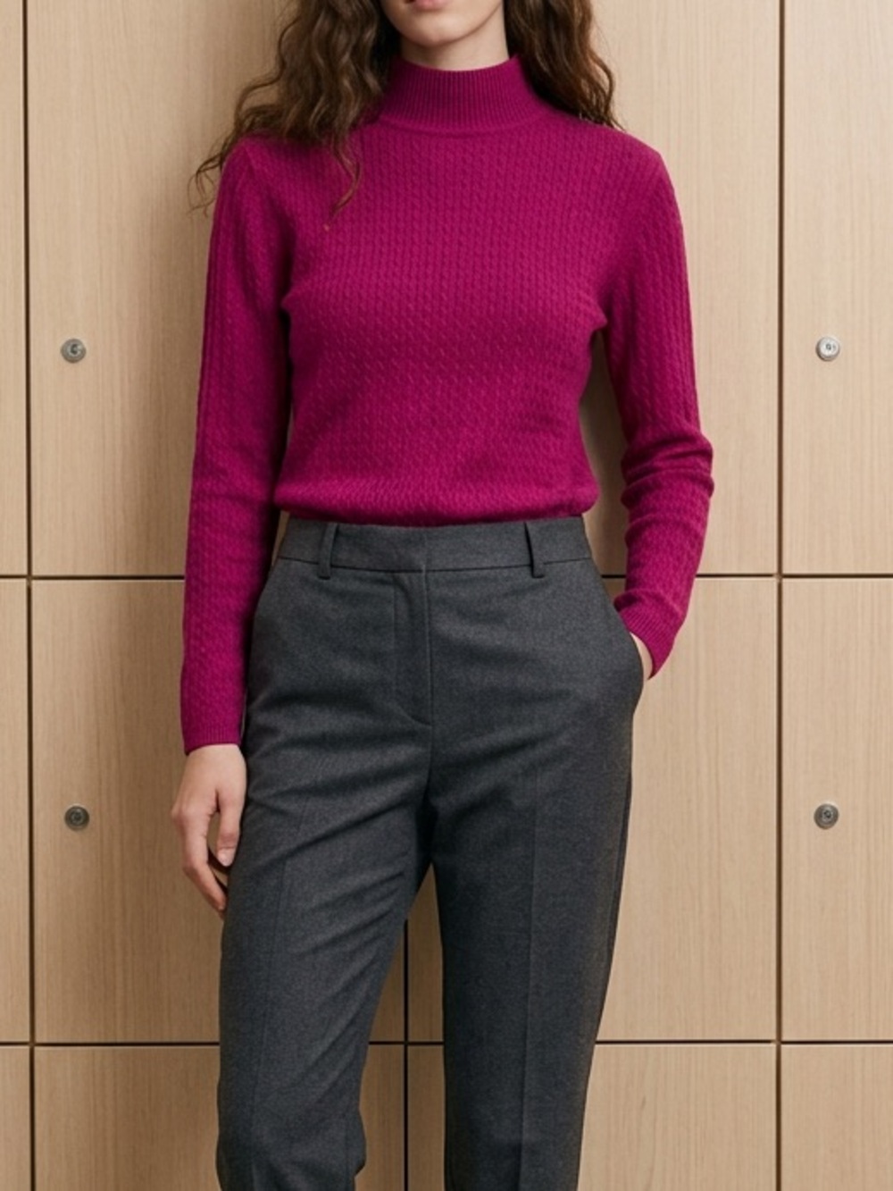 Karen Scott Cotton Cable-Knit Mock Neck Sweater Fuchsia Pink Women’s Size M